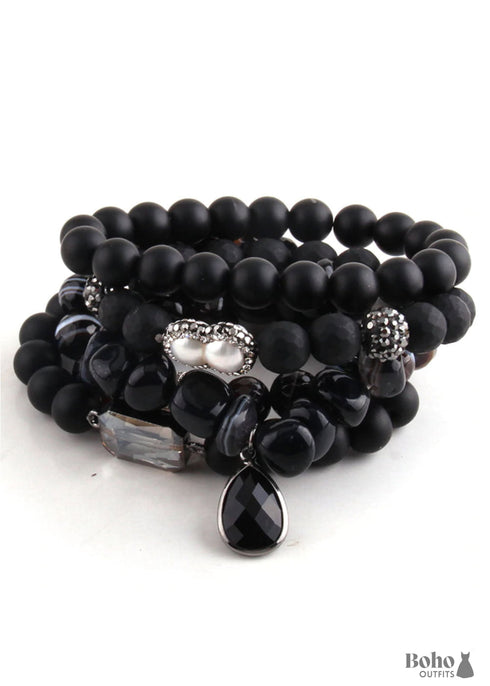 Boho Bracelet, RH Bracelet Set, Cubic Zircon Ball, Natural Stones, in Black and White